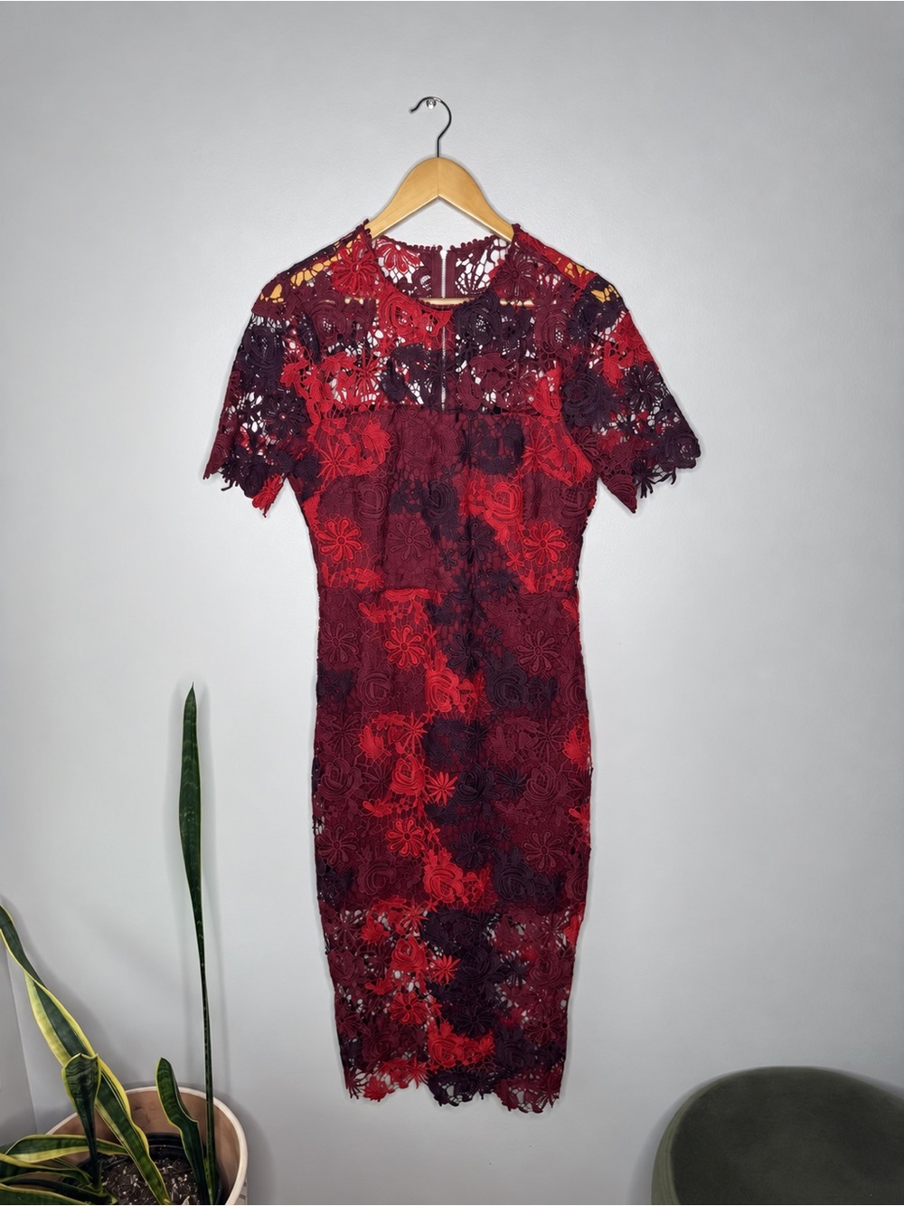 Red Floral Lace Midi Dress - Women